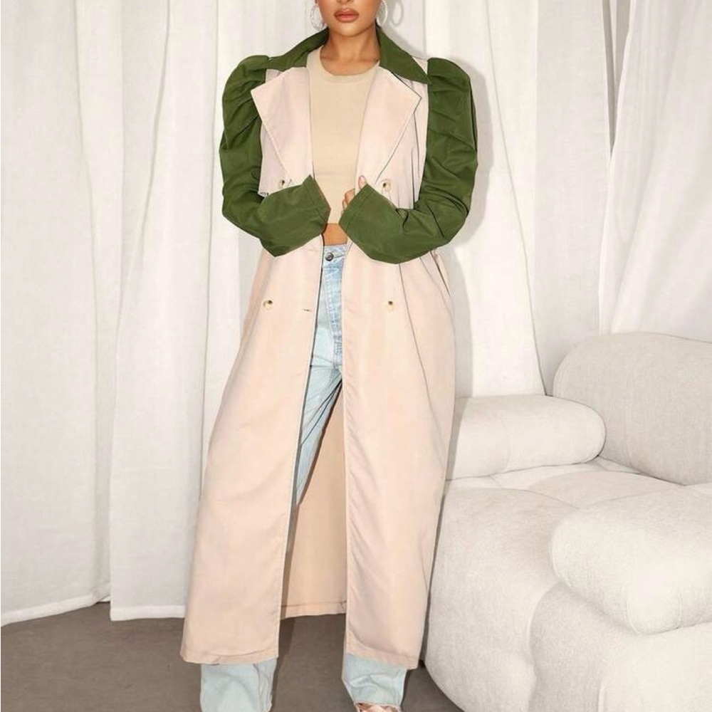 Two-Tone Long Trench Coat with Olive Puff Sleeves